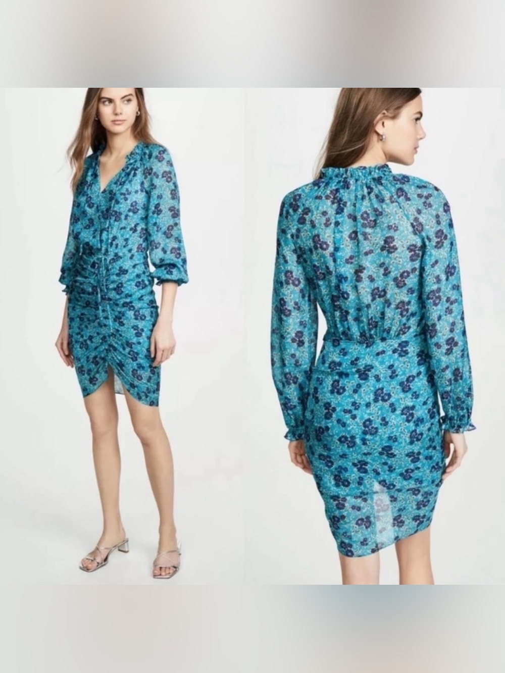 Veronica Beard Teal Floral Ruched V-Neck Long Sleeve Dress